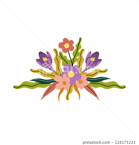 Spring flowers composition with violet crocus. Floral bouquet with leaves. Perfect for seasonal greeting card, print. Soft pastel color, fresh spring design. Vector flat illustration. 128171221