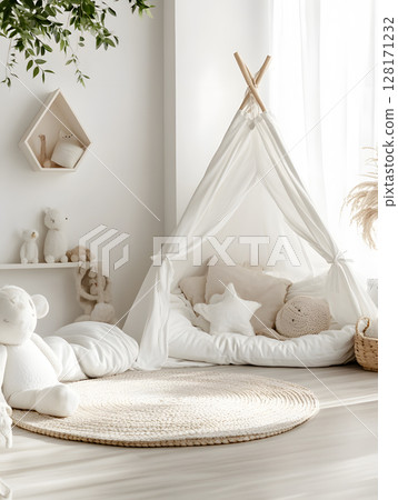 Kids room background for zoom calls. Creative Scandinavian interior. Minimalistic white design 128171232
