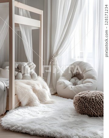 Kids room background for zoom calls. Creative Scandinavian interior. Minimalistic white design 128171234