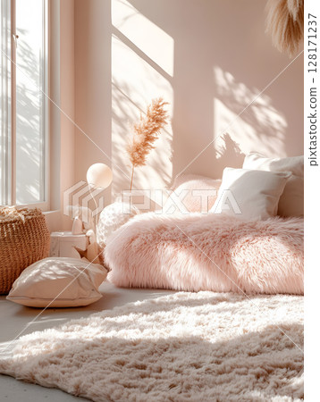 Kids room background for zoom calls. Creative Scandinavian interior. Minimalistic beige design 128171237