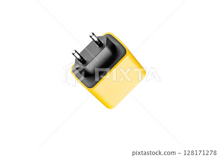 adapter for charger with USB and Type C connector, yellow, on isolated or white background 128171278