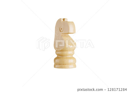 wooden brown knight chess piece on white background. Ideal for strategy and gaming concepts. 128171284