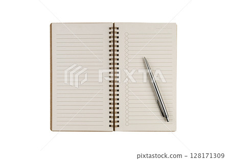 Lined Notebook with Pen Spiral White Background 128171309
