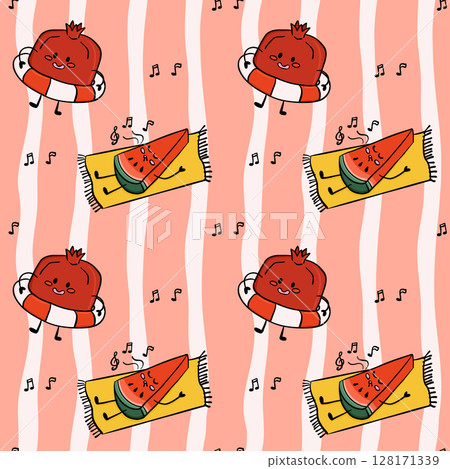 Seamless pattern with cute watermelon and pomegranate characters enjoying summer on the beach, music notes around them Seamless pattern with cute watermelon and pomegranate characters enjoying summer on the beach, music notes around them 128171339