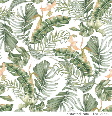 Seamless tropical pattern with watercolor palm leaves and budgerigar isolated on white. Hand painted exotic foliage and yellow parakeet for tropical wallpaper, textile design. Repeat jungle motif. 128171350