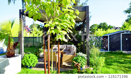 Modern aluminum pergola with stylish garden furniture in a beautiful garden. 128171396