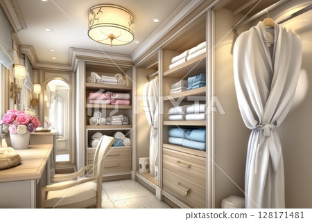 An Elegant and Stunning Dressing Room Complete with Beautiful Shelving and Accessories 128171481