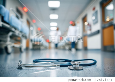 A stethoscope lying on the hospital floor, prominently featured in a medical and clinical setting 128171485