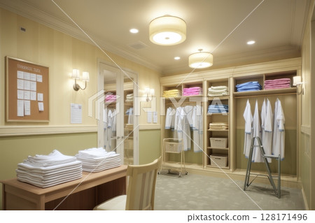 A Bright and Organized Laundry Room Featuring Fresh Linens, Cozy Robes, and Functional Design 128171496