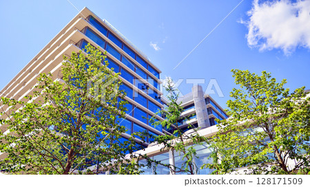 City life, urban landscape and ecology. Modern office complex with glass facades and smooth lines against backdrop of green trees, concept of modern architecture. Organically building into nature. City life, urban landscape and ecology. Modern office complex with glass facades and smooth lines against backdrop of green trees, concept of modern architecture. Organically building into nature. 128171509