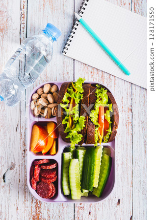 Lunchbox with sandwich, chorizo, cucumber and peach, bottle of water top and vertical view Lunchbox with sandwich, chorizo, cucumber and peach, bottle of water top and vertical view 128171550