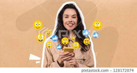 A young woman smiles while texting on her smartphone, surrounded by playful social media emojis. She enjoys engaging with friends and expressing her emotions through messaging. A young woman smiles while texting on her smartphone, surrounded by playful social media emojis. She enjoys engaging with friends and expressing her emotions through messaging. 128172074