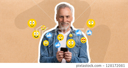 An older man is happily texting on his smartphone and enjoying social media interactions. He is surrounded by cheerful emojis, reflecting his engaging conversations. The setting is relaxed and casual. 128172081