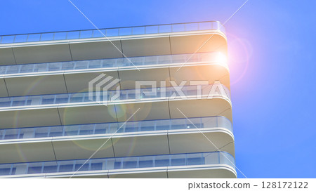 Downtown modern residential architecture. Architectural details of modern apartment building. Modern european residential apartment building complex. 128172122