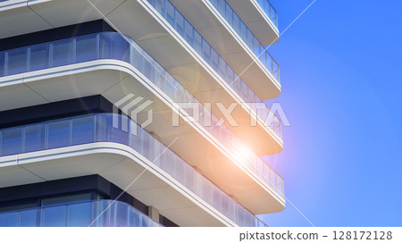 Downtown modern residential architecture. Architectural details of modern apartment building. Modern european residential apartment building complex. Downtown modern residential architecture. Architectural details of modern apartment building. Modern european residential apartment building complex. 128172128