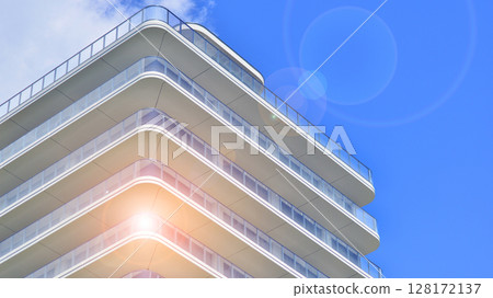 Downtown modern residential architecture. Architectural details of modern apartment building. Modern european residential apartment building complex. Downtown modern residential architecture. Architectural details of modern apartment building. Modern european residential apartment building complex. 128172137