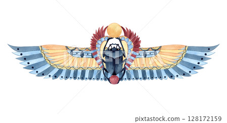 Scarab beetle with wings Egyptian symbol, religion icon. Ancient ornament Egypt style. Watercolor isolated illustration. Culture concept for textile, decorative items, souvenir products, postcards 128172159