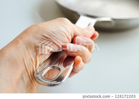 Close-up of a woman's hand holding a frying pan Close-up of a woman's hand holding a frying pan 128172203