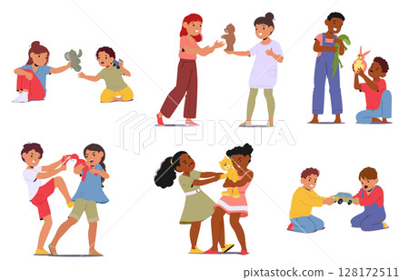 Preschool children sharing, exchange and fighting for their toys cartoon kid interactions scene set Preschool children sharing, exchange and fighting for their toys cartoon kid interactions scene set 128172511