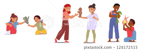 Children cartoon characters sharing toys playing together demonstrating kindness and friendship 128172515