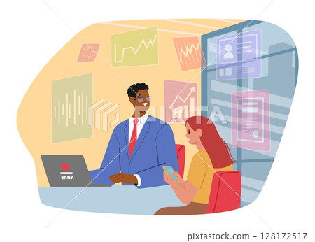 Bank assistant helping woman client to use electronic services in smartphone for financial operation Bank assistant helping woman client to use electronic services in smartphone for financial operation 128172517