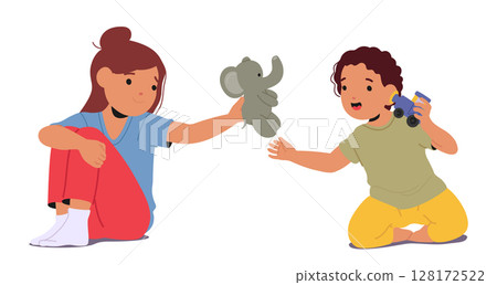 Two happy girls preschool children cartoon character exchanging their toys during playful game 128172522