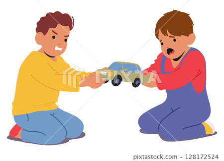 Furious boys cartoon characters fighting for toy pulling car standing isolated on white background 128172524