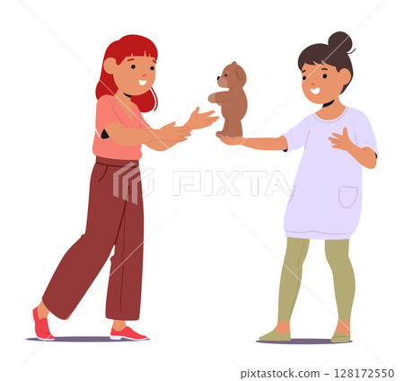Girl giving teddy bear toy to her friend sharing positive emotions and feelings isolated on white Girl giving teddy bear toy to her friend sharing positive emotions and feelings isolated on white 128172550