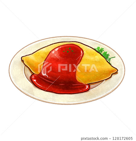 Hand-drawn illustration of omurice on a plate Hand-drawn illustration of omurice on a plate 128172605