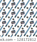 Seamless pattern with pens and pencils, stationery for studying, eraser and buttons, digital illustration. 128172812