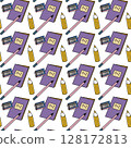 Seamless pattern with study books, pens and pencils, stationery for study, digital illustration. 128172813