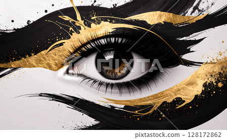 Gold and black artwork that fuses the eyes and brushstrokes / Symbolic visuals of beauty and gaze 128172862