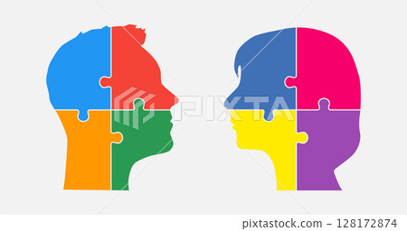 Head woman and man made puzzle pieces, education 128172874