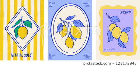 Vintage summer designs with lemon illustrations and seamless patterns. 128172945