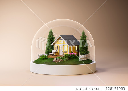 3D render of a cozy miniature house and garden inside a glass dome 128173063