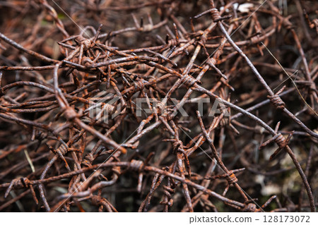 Rust-covered barbed wire tangled together, showcasing aged metal, sharp edges 128173072