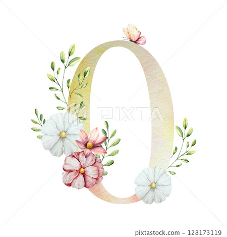 Elegant number zero with flowers and leaves, butterfly. Watercolor gerbera, chamomile, echinacea. Hand drawn wildflower art isolated on background, transparent png. Botanical, easter and wedding 128173119