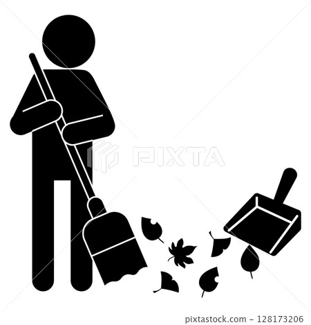 Pictogram of a person sweeping up fallen leaves with a broom 128173206