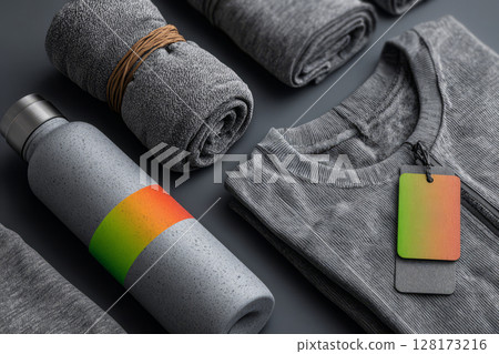 Folded gray workout clothes with gradient tag and sport bottle 128173216