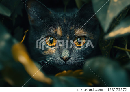 Beautiful cat with yellow eyes hides in green leaves in the garden 128173272
