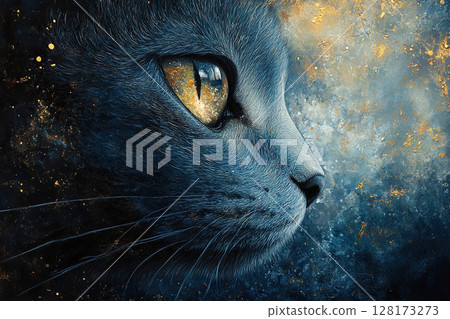 Drawing of a mystical cat's face on a blue background. 128173273