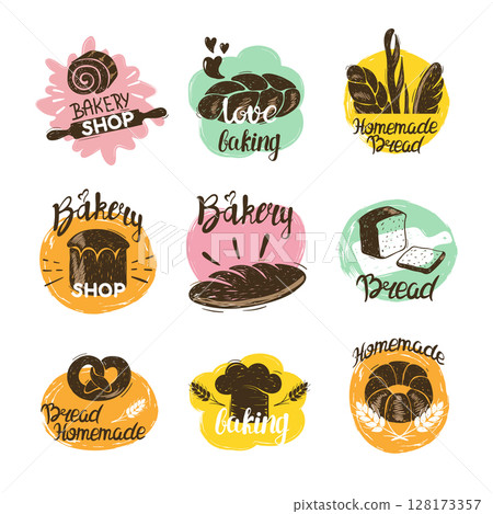 Bakery logotypes set. Colorful doodle bakery logos and labels collection of bread 128173357
