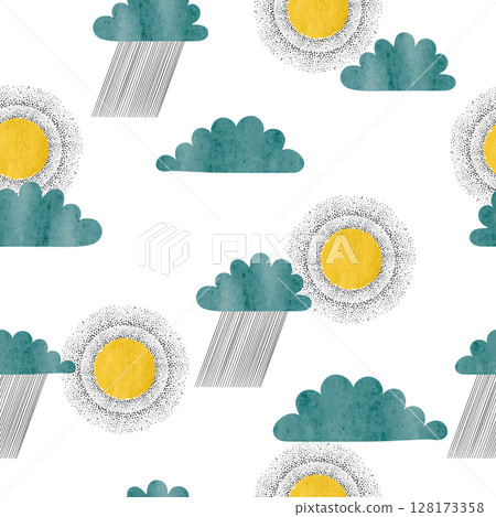 Sun and rain seamless pattern. Watercolor vector illustration 128173358