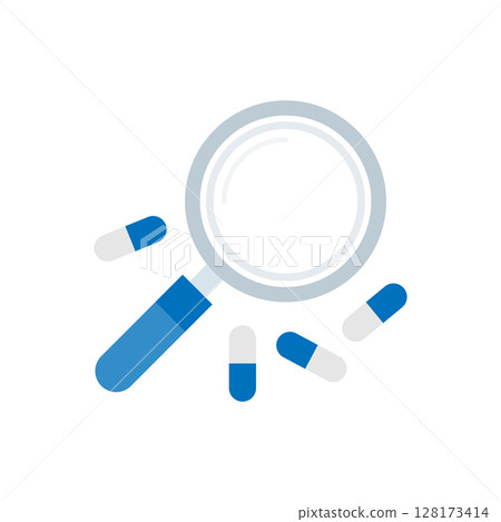 Close-up icon of capsules with magnifier highlighting pharmaceutical study and quality control. 128173414