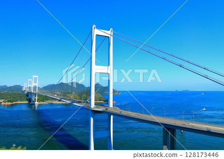 [Ehime Prefecture] The Kurushima Kaikyo Bridge and Kurushima Strait (Shimanami Kaido) as seen from the Kurushima Kaikyo Observatory 128173446