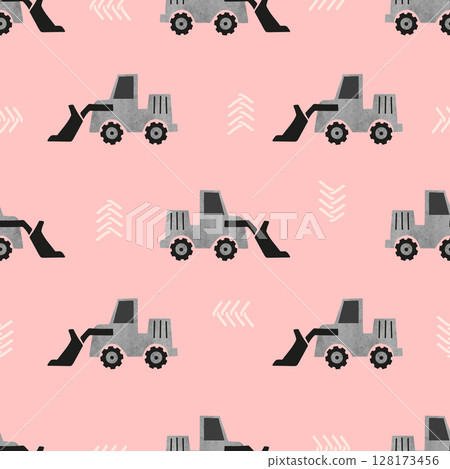 Seamless cartoon bulldozer transport pattern. Construction truck background Seamless cartoon bulldozer transport pattern. Construction truck background 128173456