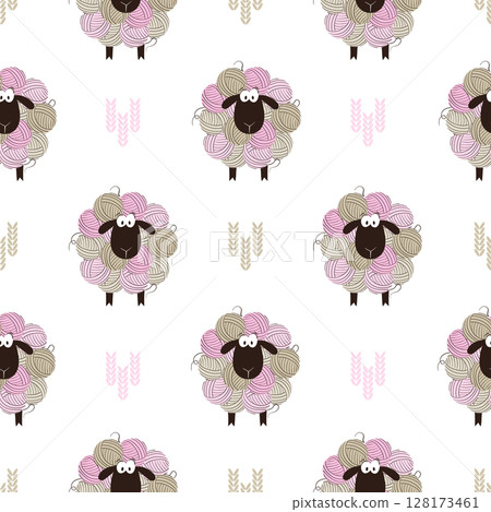 Seamless pattern with funny sheep made of yarn balls Seamless pattern with funny sheep made of yarn balls 128173461