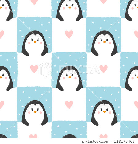 Seamless checked pattern with cute cartoon penguins 128173465