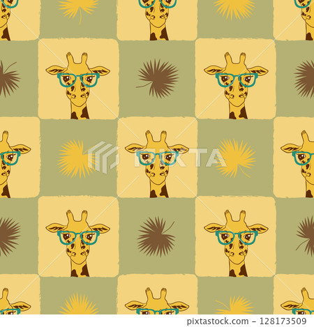 Seamless tropical pattern with giraffe and palm leaves. Checked summer print 128173509