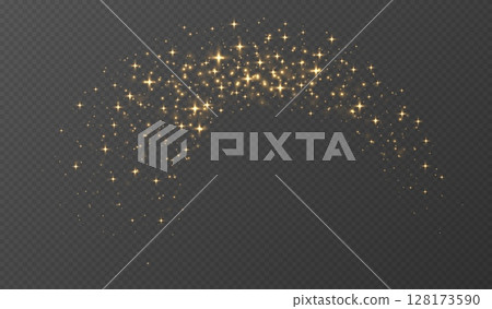 Golden sparkling stars, shiny particles light effect, transparent flying stardust texture 128173590